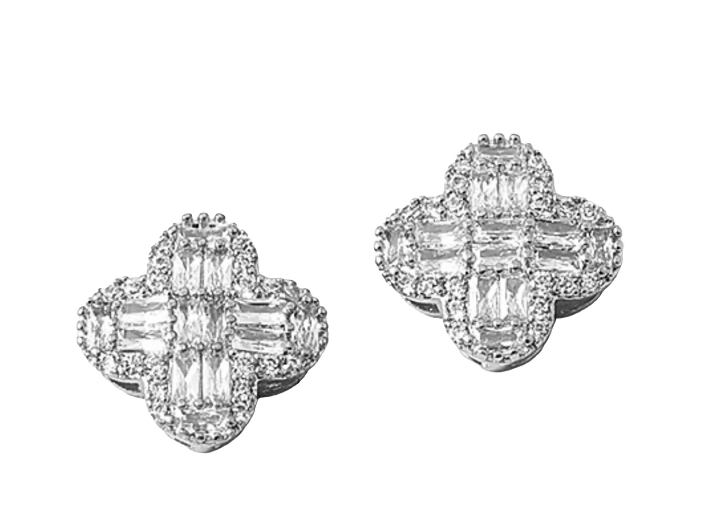 Silver Clover Stud Earrings with CZs