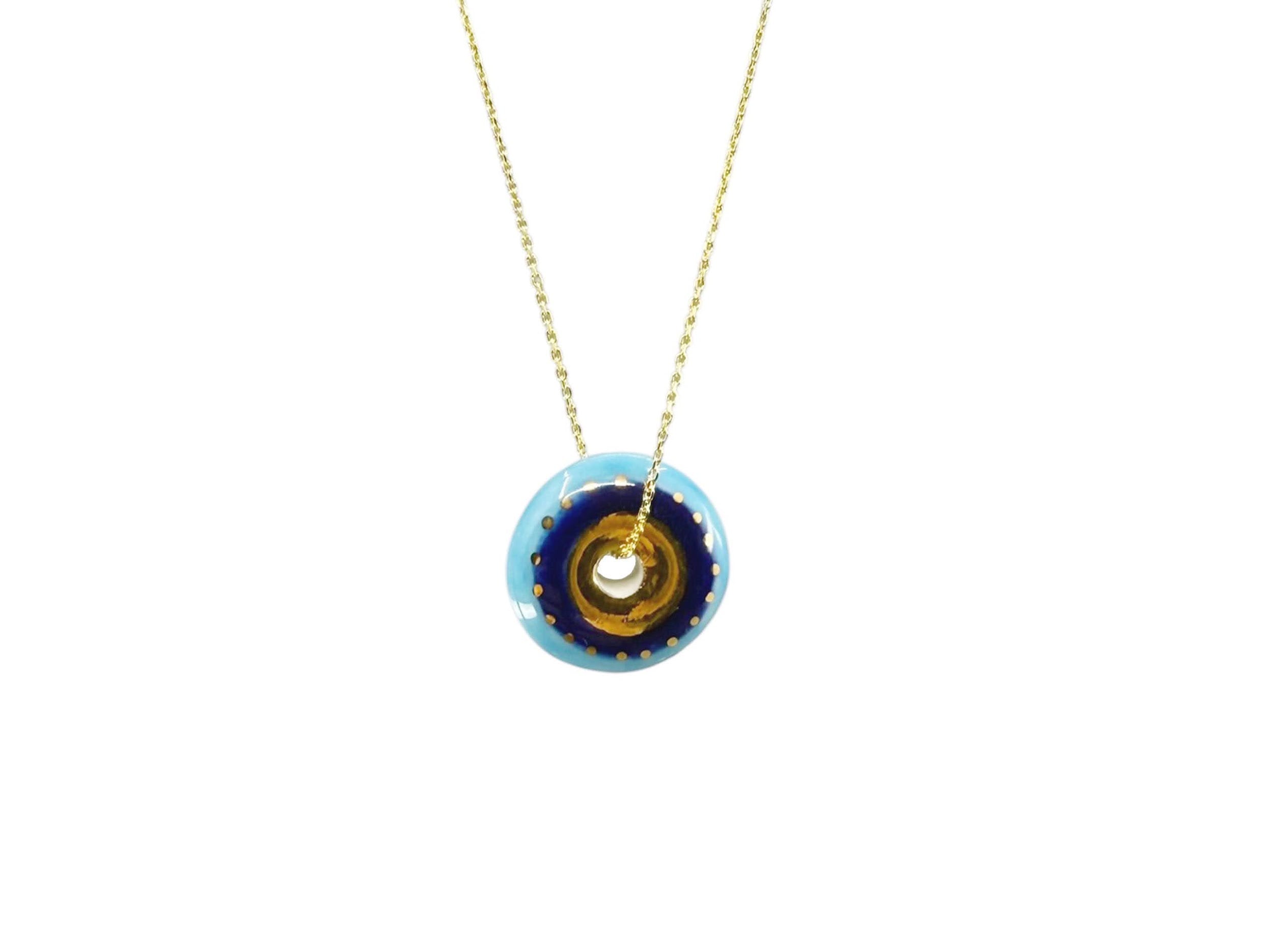 Handpainted Italian Porcelain Aqua and White Evil Eye Disc Charm