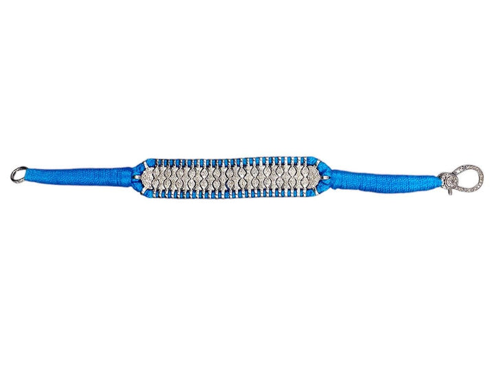 SS and Bright Blue Cotton Woven Bracelet with Diamonds