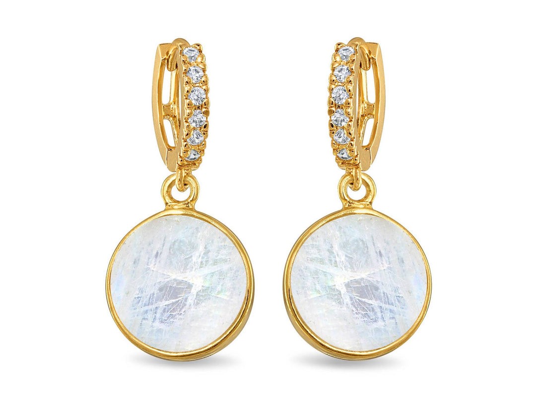 Rainbow Moonstone Coin Huggie Hoops