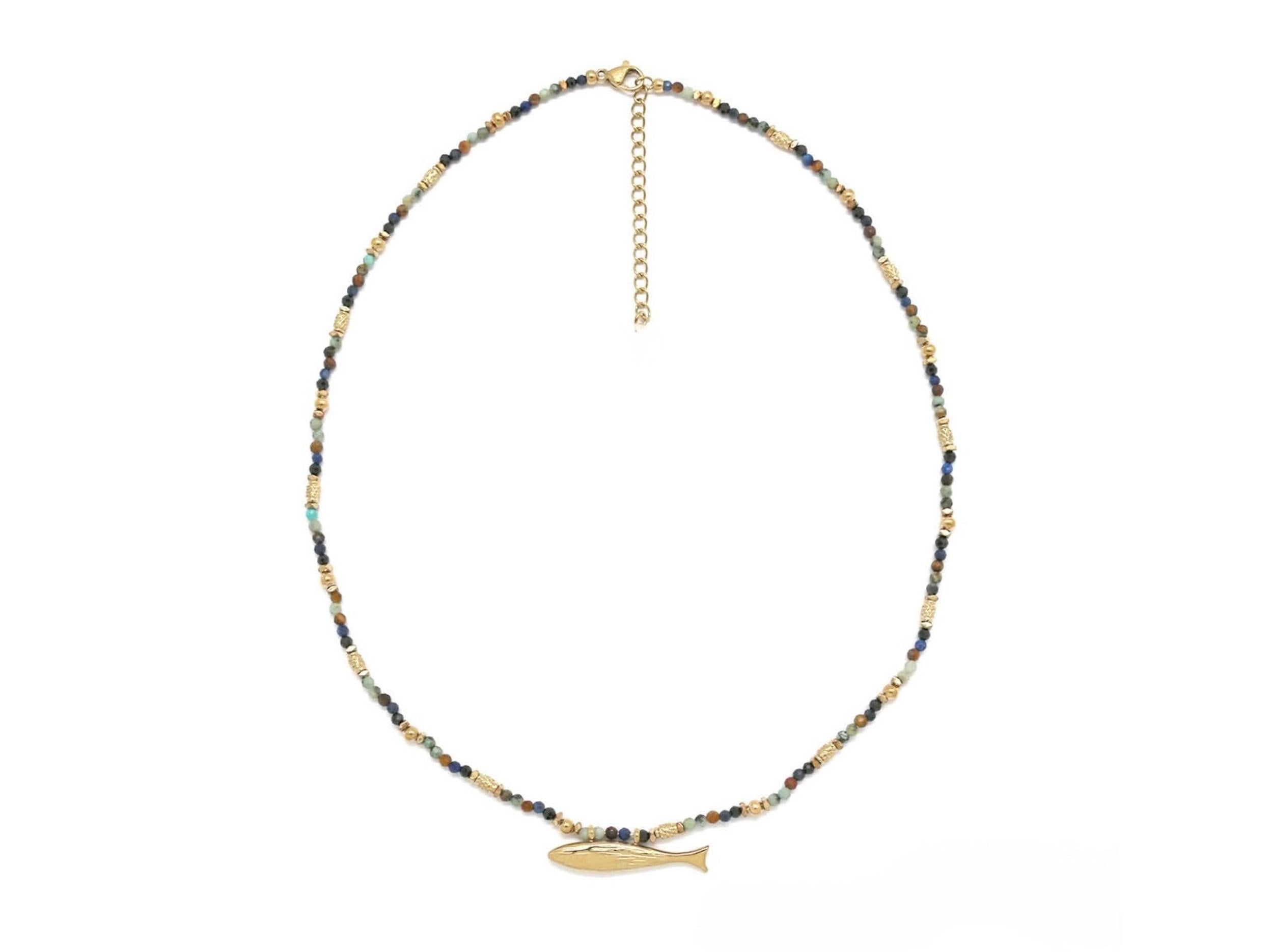 Blue Mixed Stone Necklace with Fish Charm