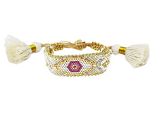 Load image into Gallery viewer, Beige Woven Bracelet with Purple Beaded Evil Eye and Tassels
