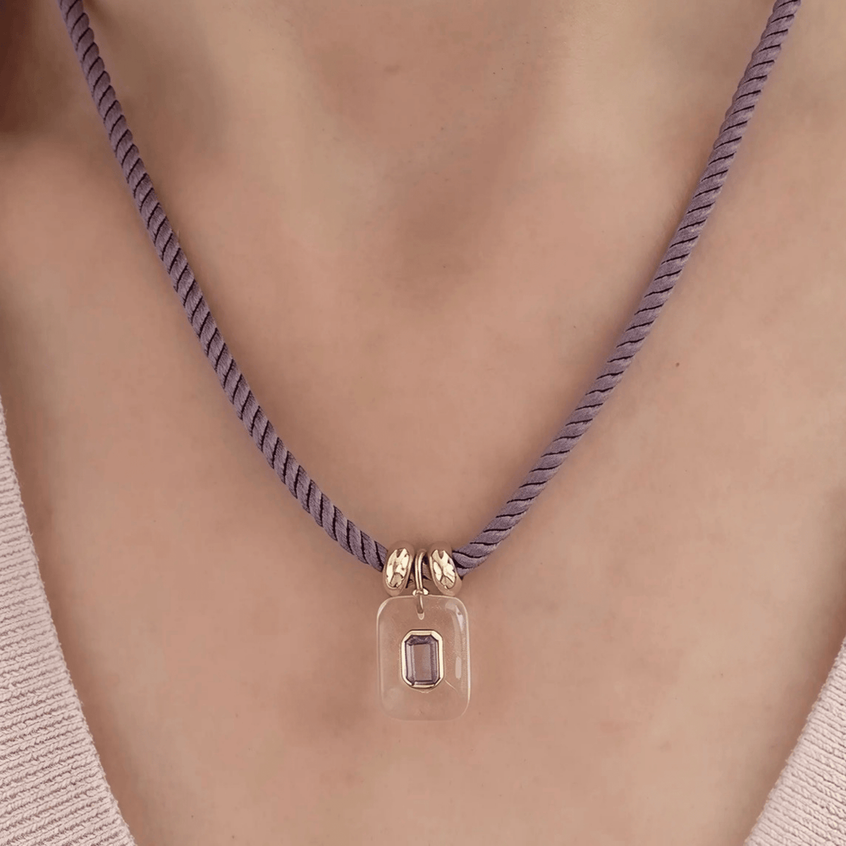 Amethyst and Quartz Purple Cord Necklace