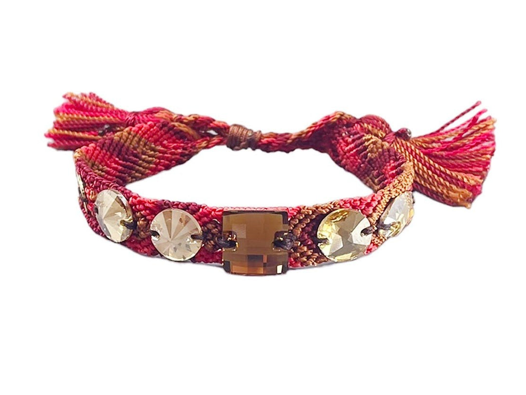 Handwoven Bracelet with Brown, Red, and Camel Crystals