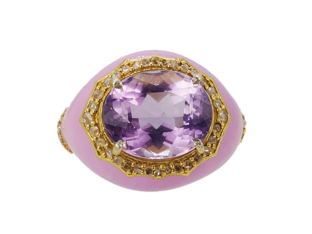 Gold-Plated Pink Enamel Cocktail Ring with Diamonds