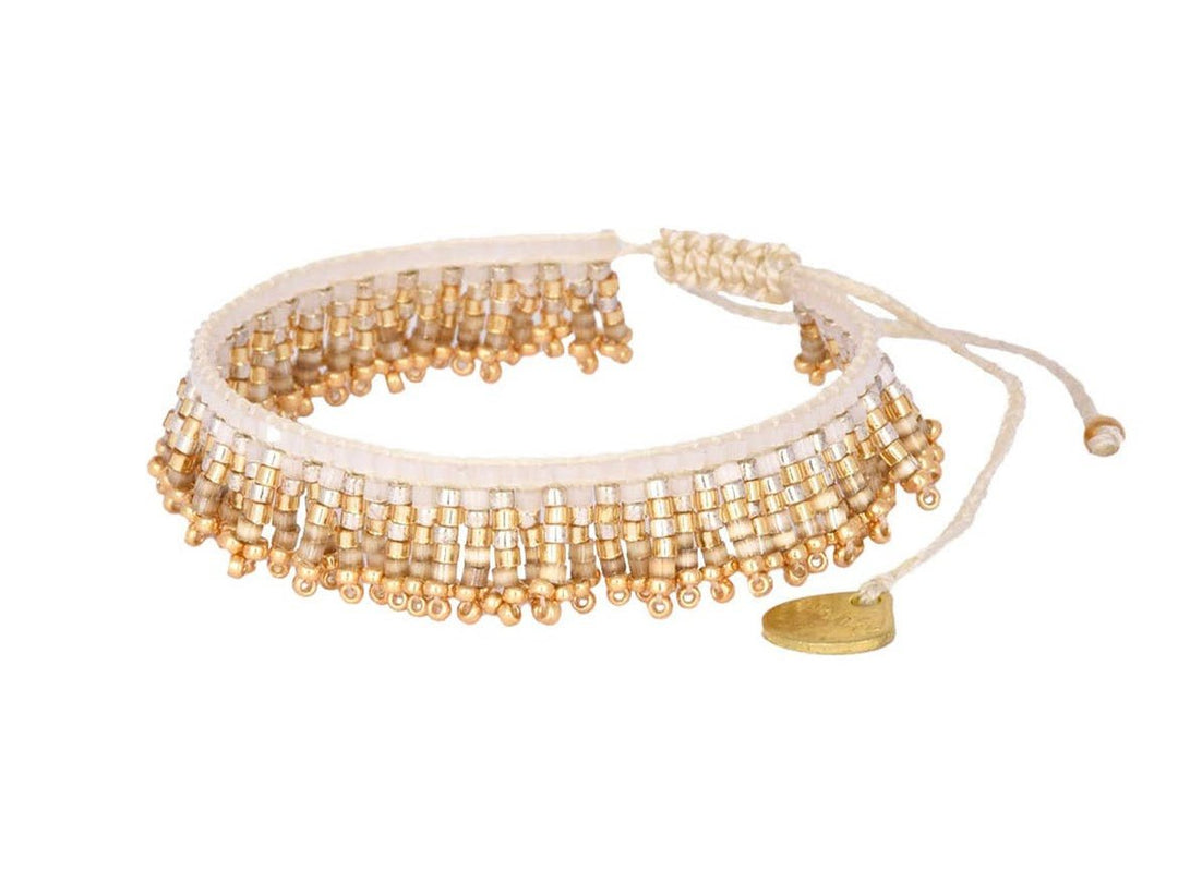 Gold and White Beaded Fringe Bracelet