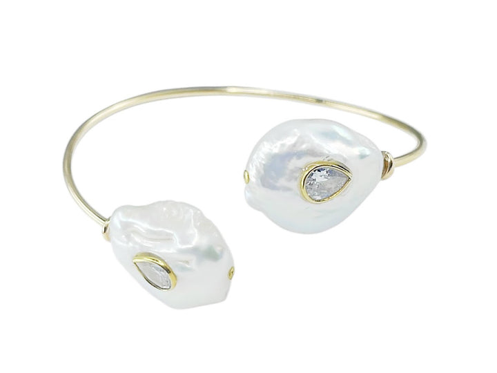 Baroque Pearl Cuff Bracelet with White Topaz Stones