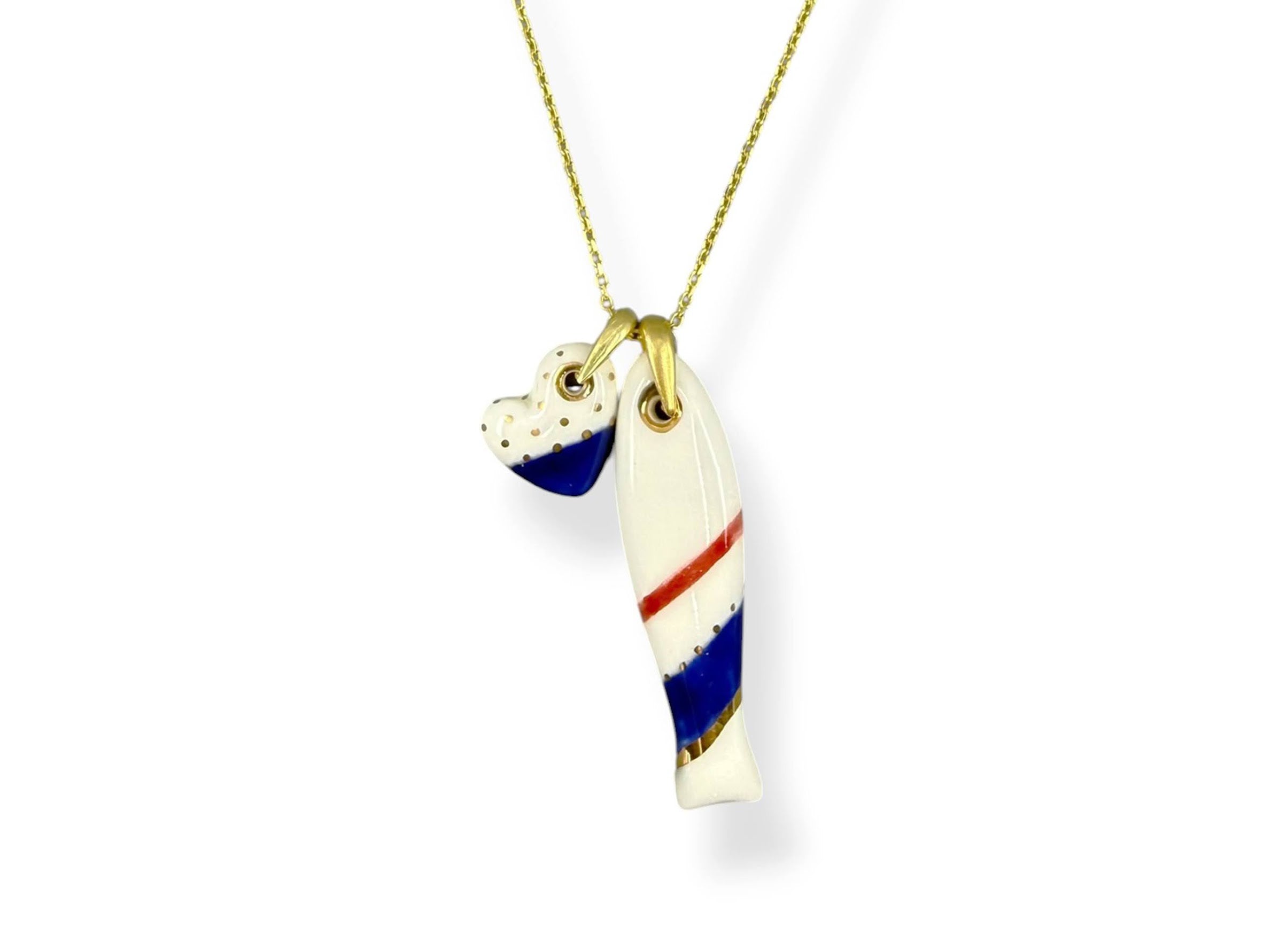 Small Porcelain Diagonal Stripe Sardine Charm with Heart Charm