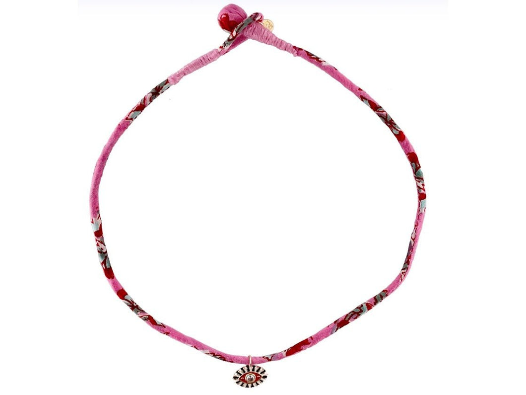 Pink Floral Fabric Necklace with Evil Eye