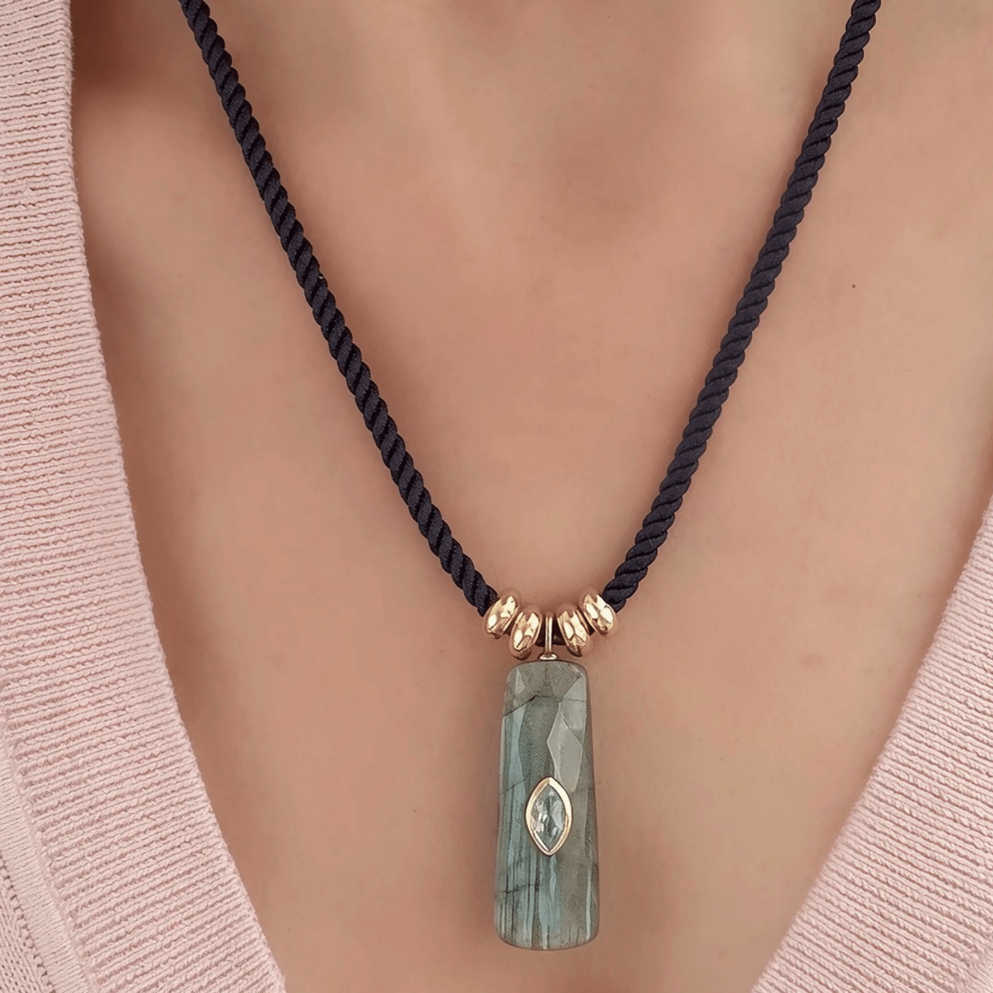Labradorite and Topaz Charm on Cord Necklace