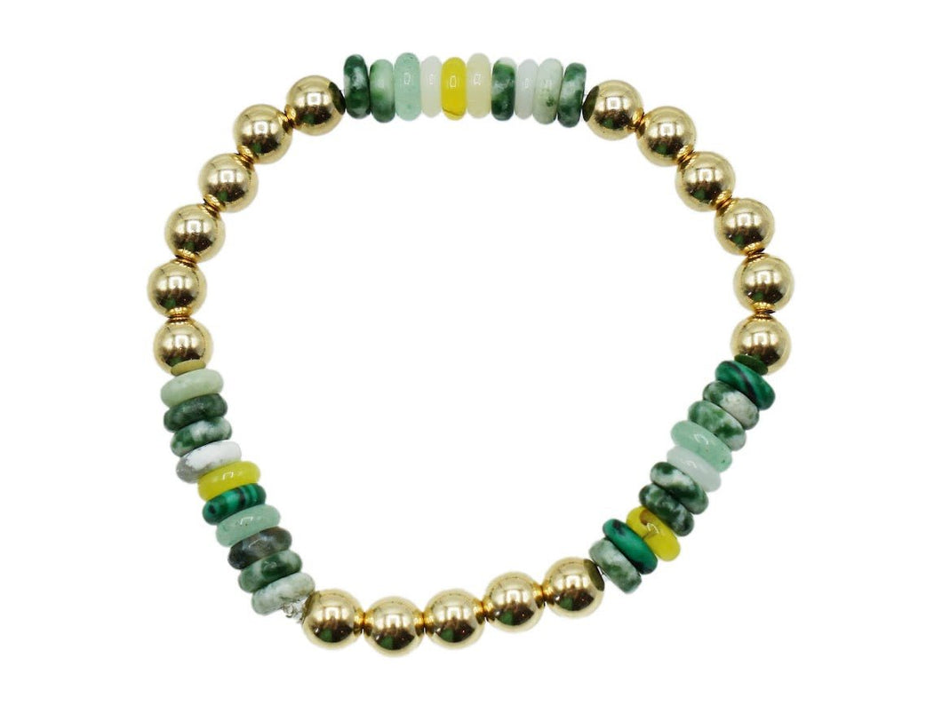 6mm Gold Bead Bracelet with Ombre Green Jade Beads