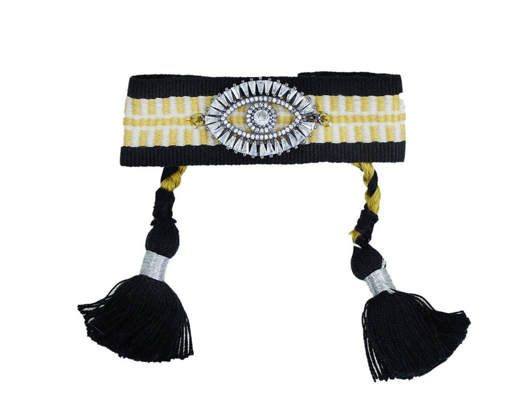 Black, Yellow, and White Woven Bracelet with Bejeweled Evil Eye