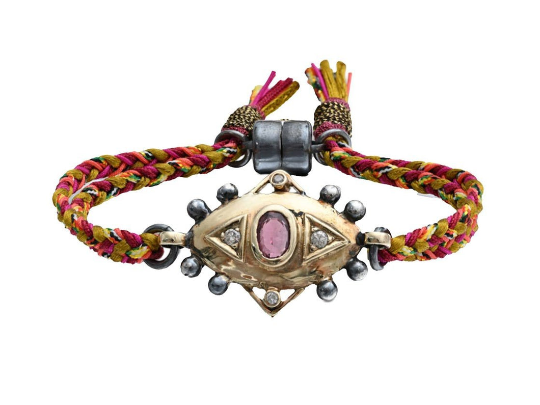 10k/SS Evil Eye on Braided Silk Bracelet with Diamonds and Pink Tourmaline