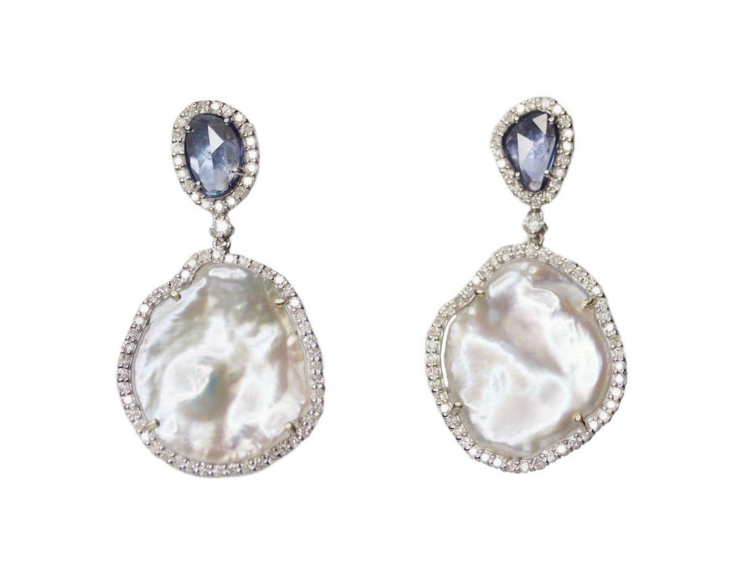 14k Pearl Drop Earrings with Blue Sapphires and Diamonds