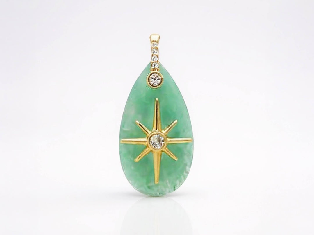 Jade Green Stone Pendant with CZ Starburst