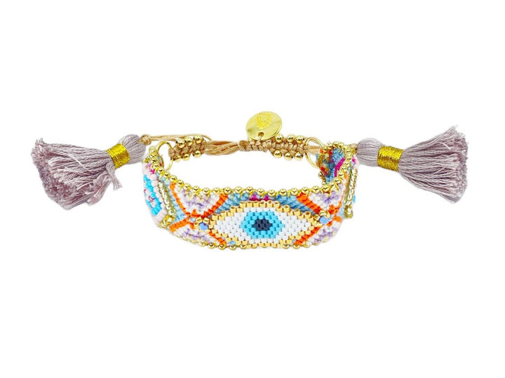 Orange, Purple, and Blue Woven Bracelet with Blue Beaded Evil Eye