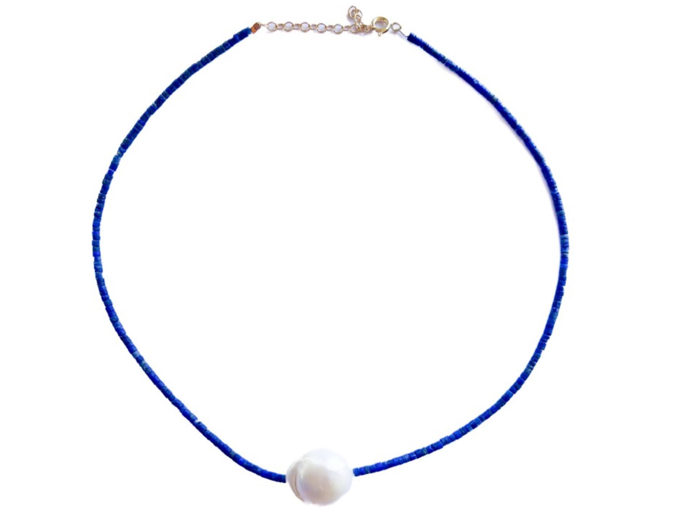 Blue African Bead Necklace with Pearl