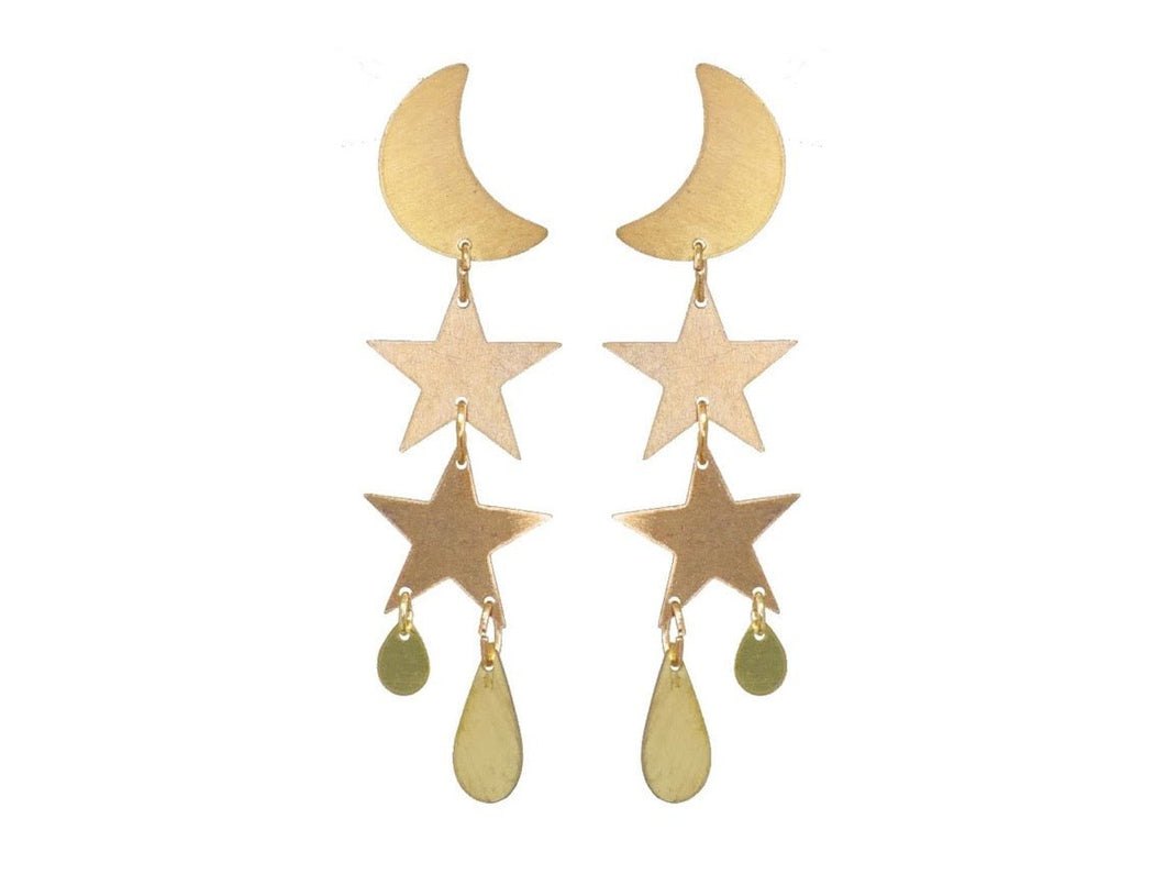 Brass Moon and Stars Drop Earrings