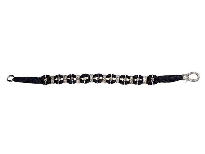 SS and Black Cotton Woven Bracelet with Diamonds