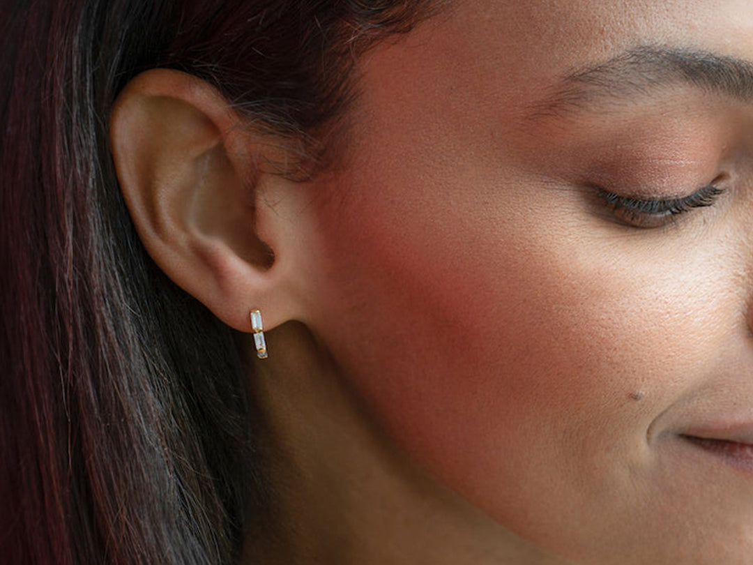 Gold Huggie Hoops with Baguette CZs