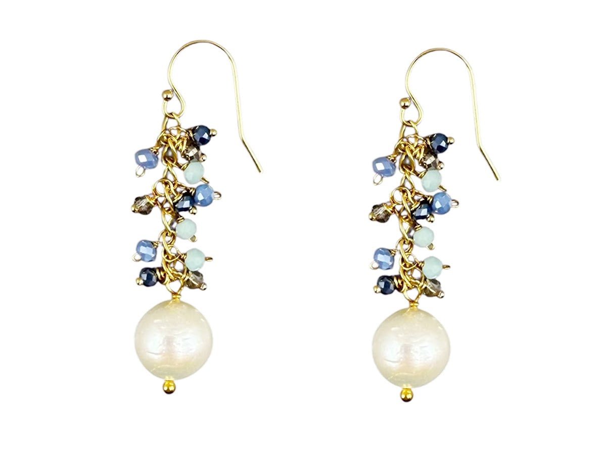 Pearl Drop Earrings with Blue Crystals