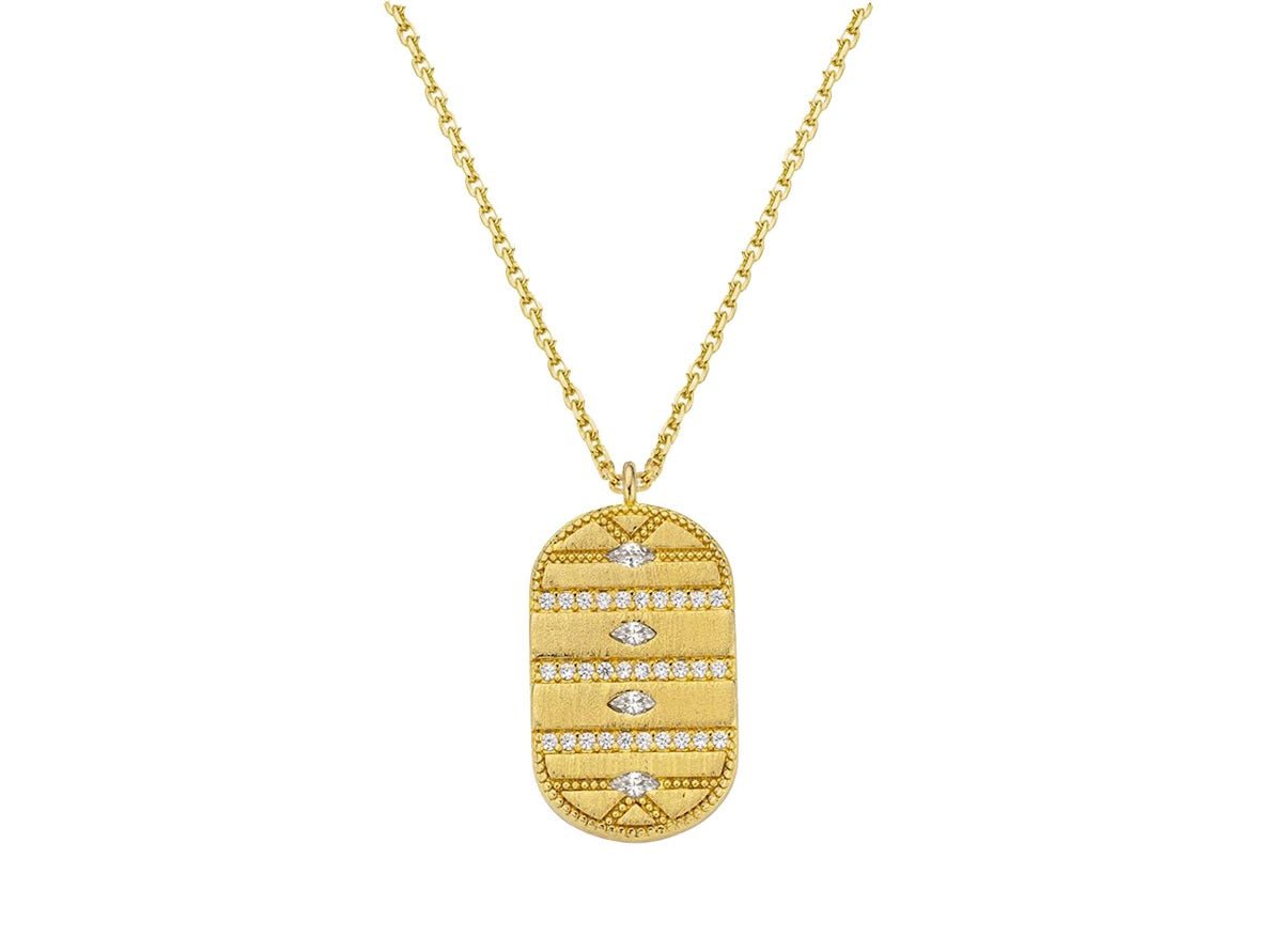 Gold Evil Eye Dog Tag Necklace with CZs
