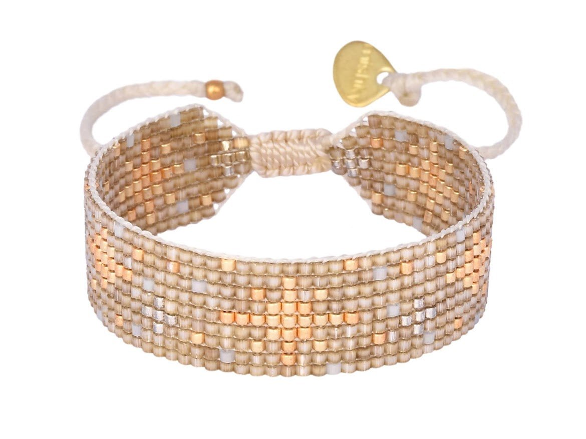 Gold, Olive, and White Beaded Bracelet.