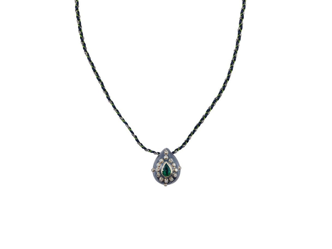 10k/SS Teardrop Pendant Necklace with Green Emerald and Diamonds
