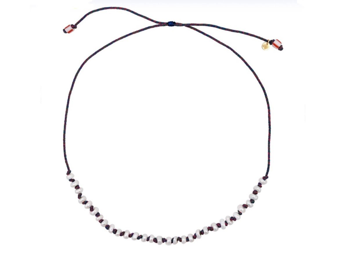 Natural Freshwater Pearl and Blue/Red Cord Necklace