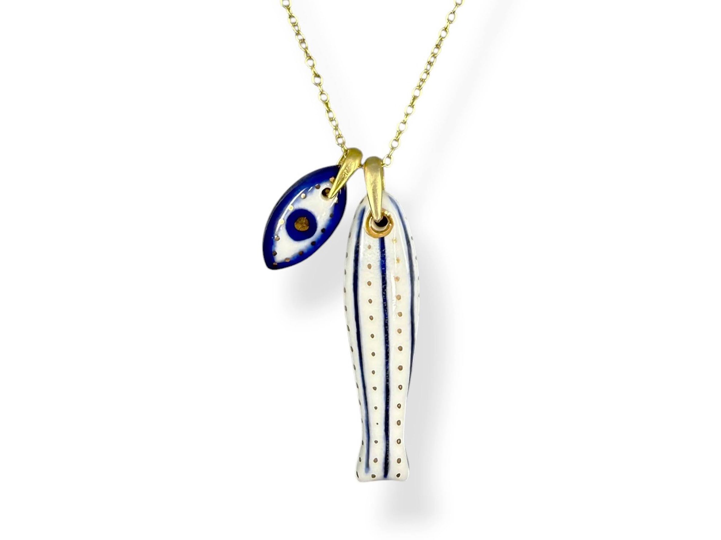 Small Porcelain Thin Stripe Sardine Charm with Evil Eye Charm