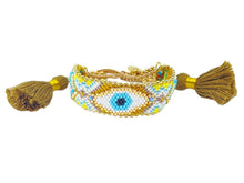 Load image into Gallery viewer, Green, Purple, and Blue Woven Bracelet with Blue Evil Eye
