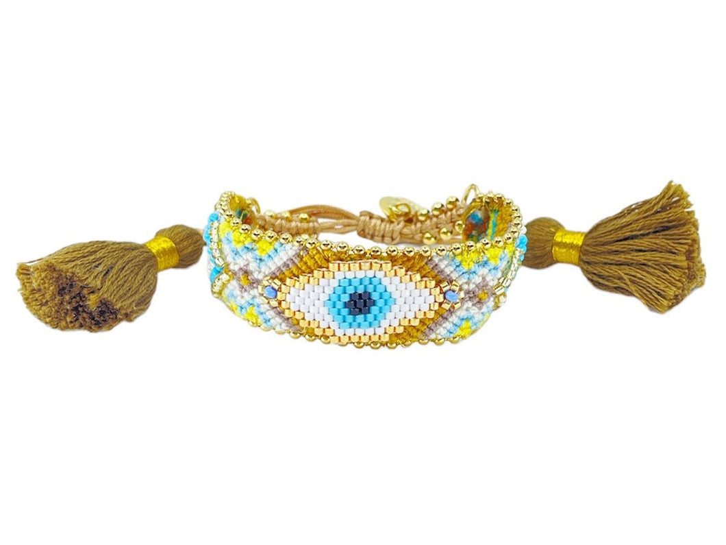 Green, Purple, and Blue Woven Bracelet with Blue Evil Eye