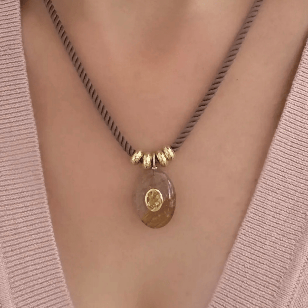 Rutilated Quartz and Citrine Charm on Cord Necklace