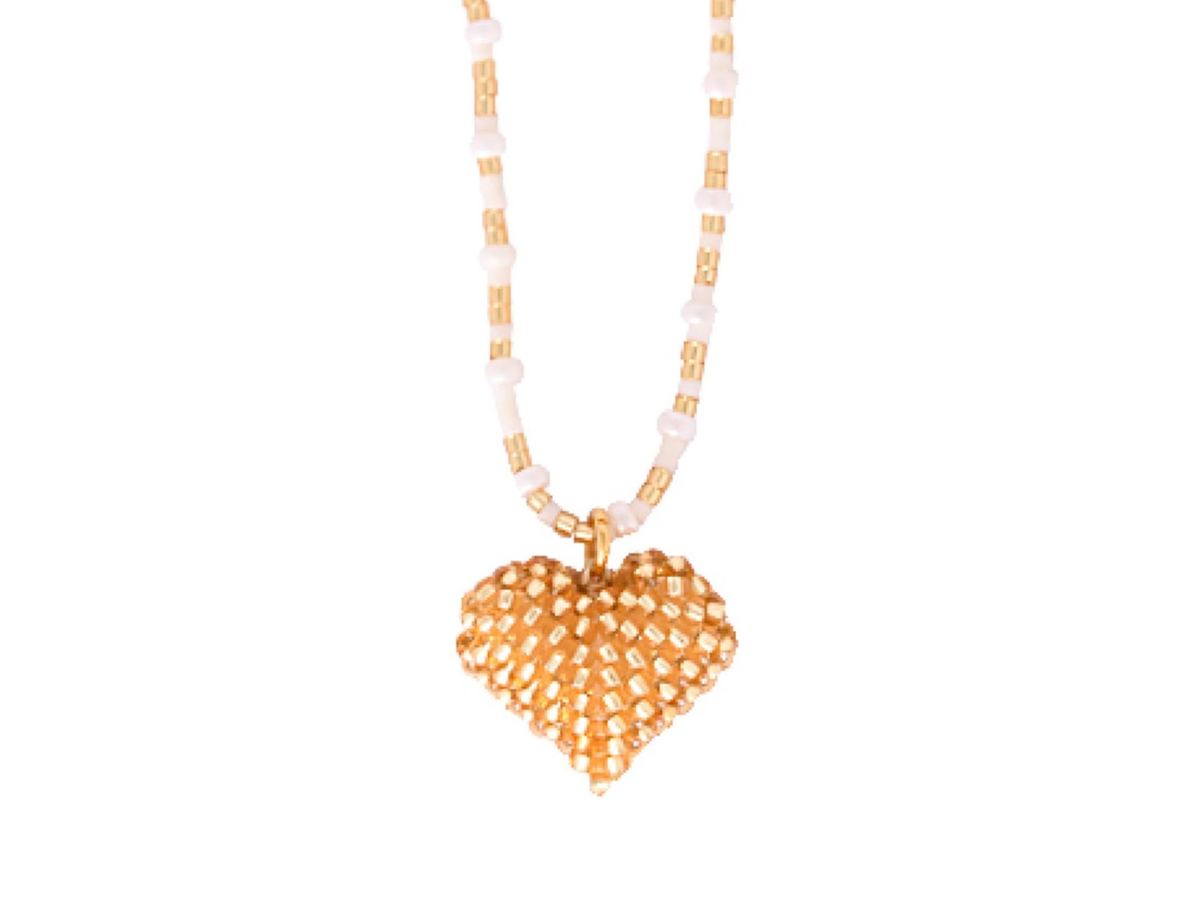 Gold and White Beaded Heart Necklace