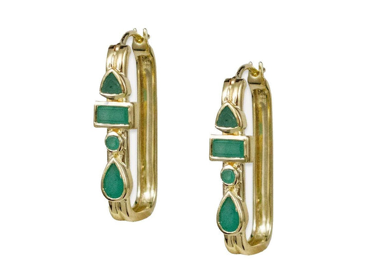 Gold and Emerald Elongated Rectangle Hoops
