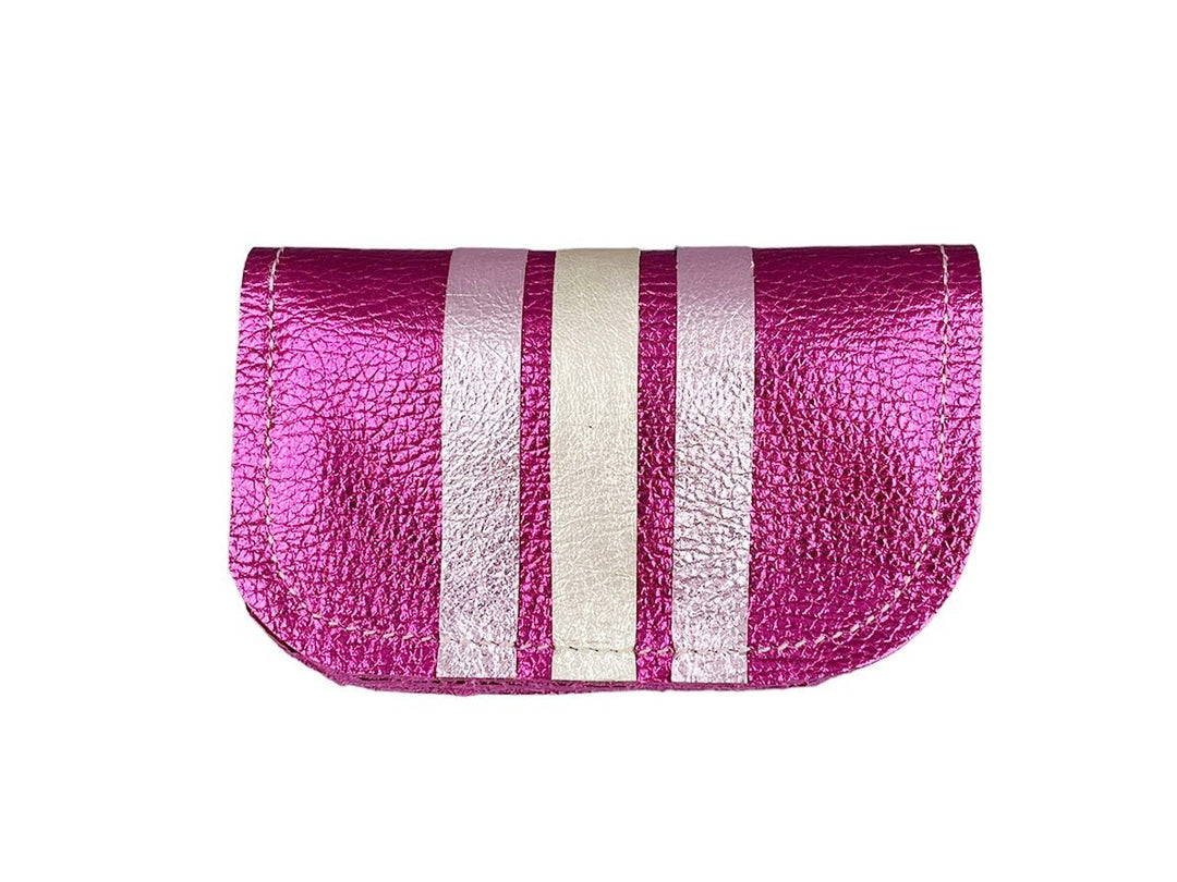 Fuschia Metallic Leather Wallet with Rose and Platinum Stripes