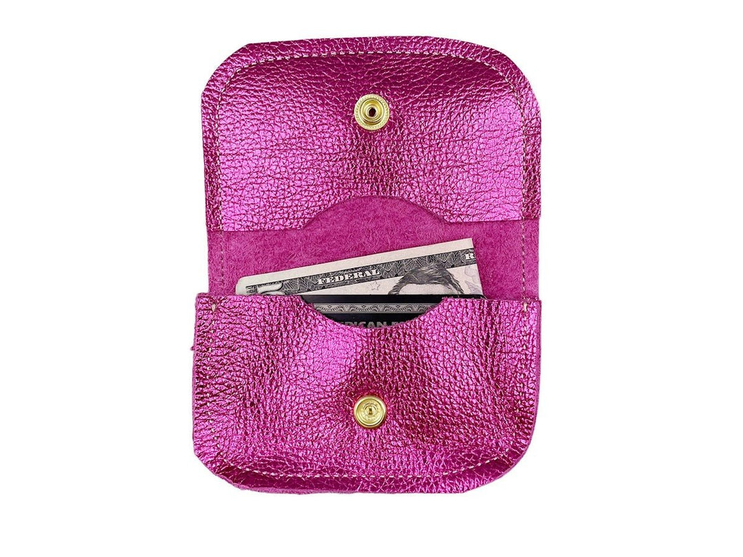 Fuschia Metallic Leather Wallet with Rose and Platinum Stripes