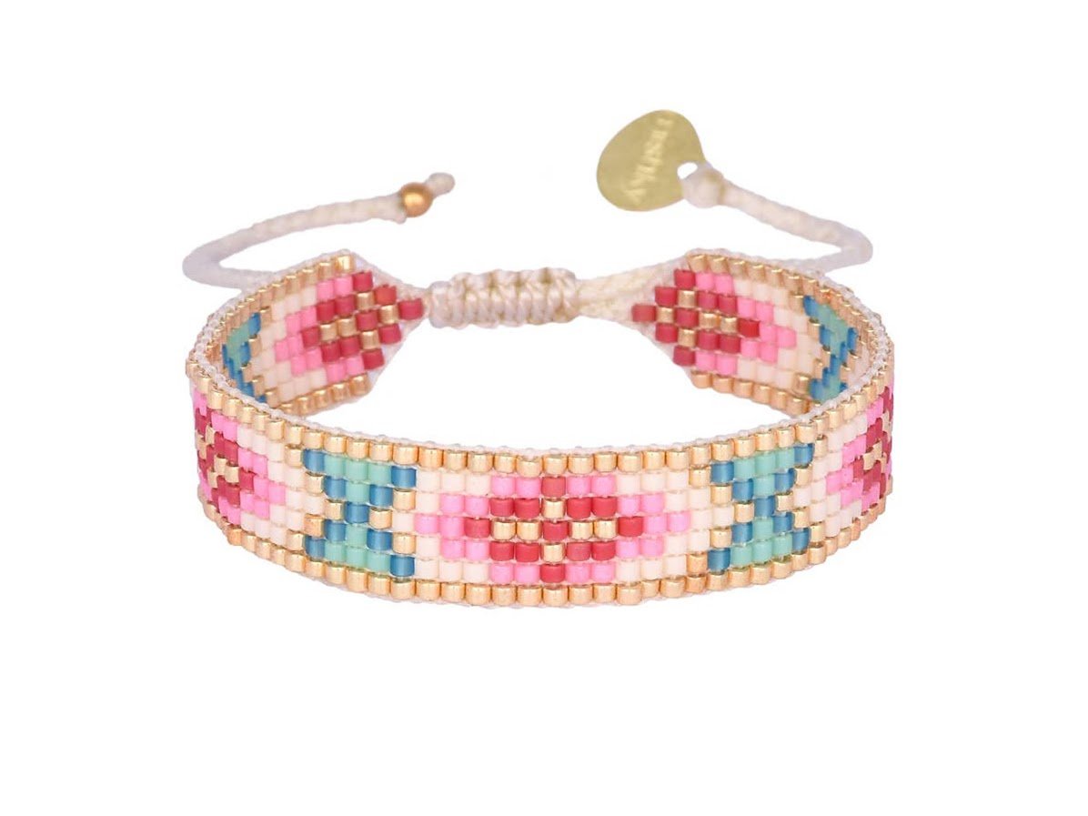 Narrow Pink, Blue, and Ivory Woven Bead Bracelet