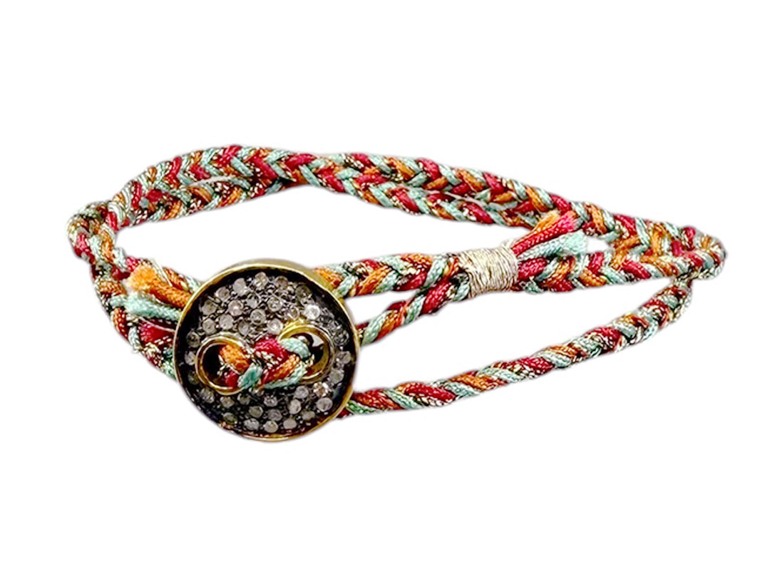 9k/SS Diamond Round Disc on Silk Cord Bracelet