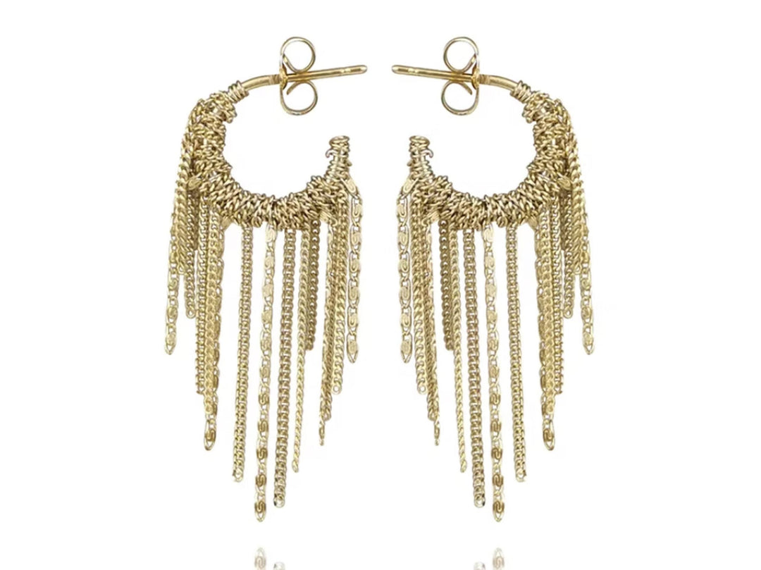 Gold Woven Chain Drop Hoop Earrings