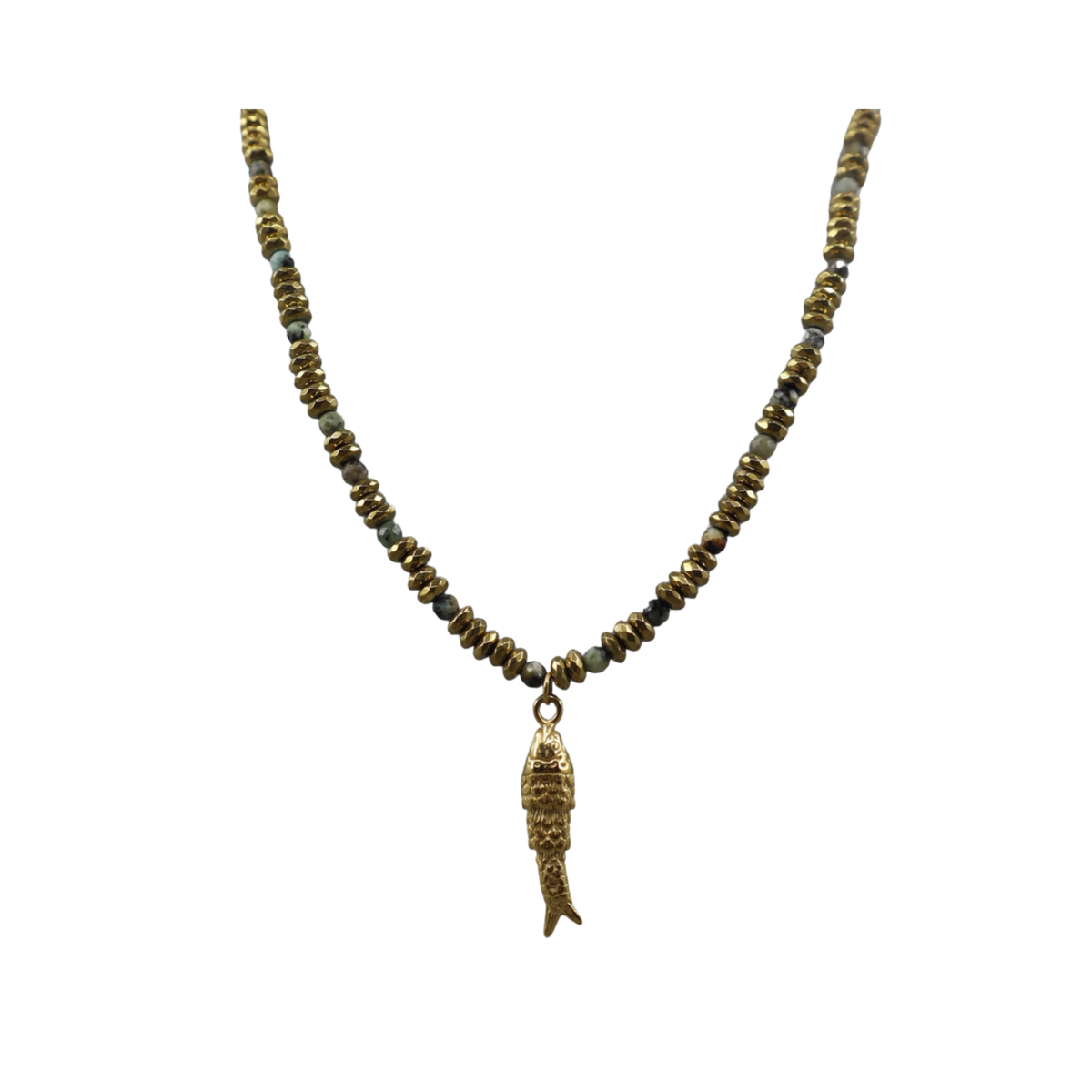 Green Bead Necklace with Fish Charm