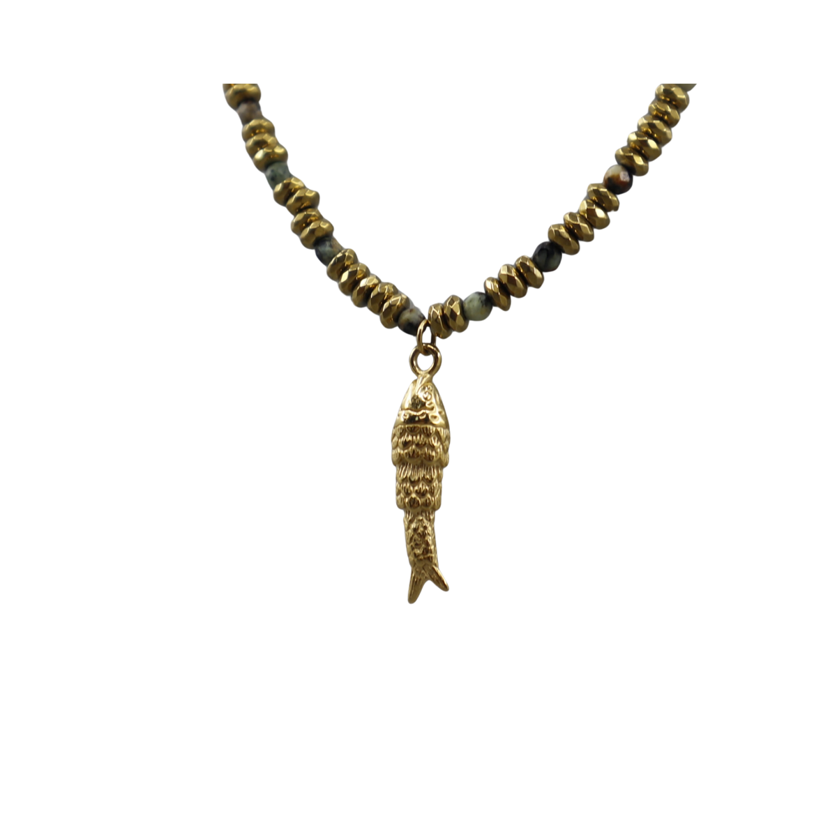Green Bead Necklace with Fish Charm