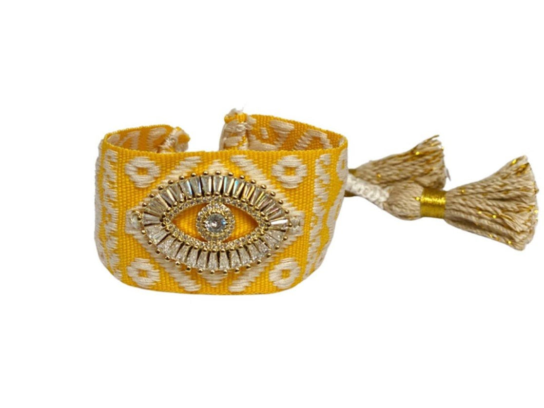 Yellow and Ivory Woven Bracelet with Crystal Evil Eye