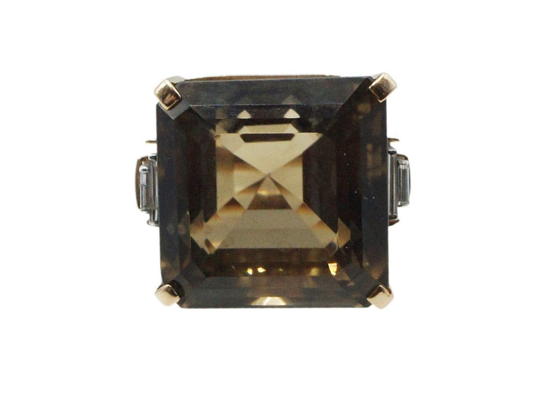 14k Gold 1940s Smoky Quartz Ring with Diamond Baguettes