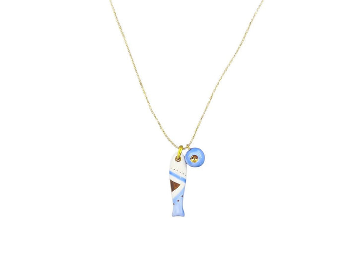 Handpainted Italian Porcelain White and Navy Fish Charm Necklace