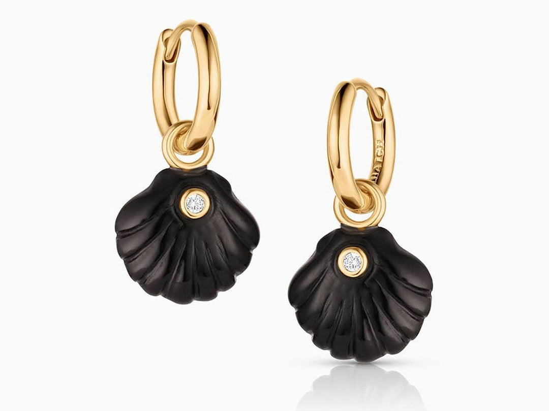 Onyx Scallop Shell Huggie Hoops with CZs