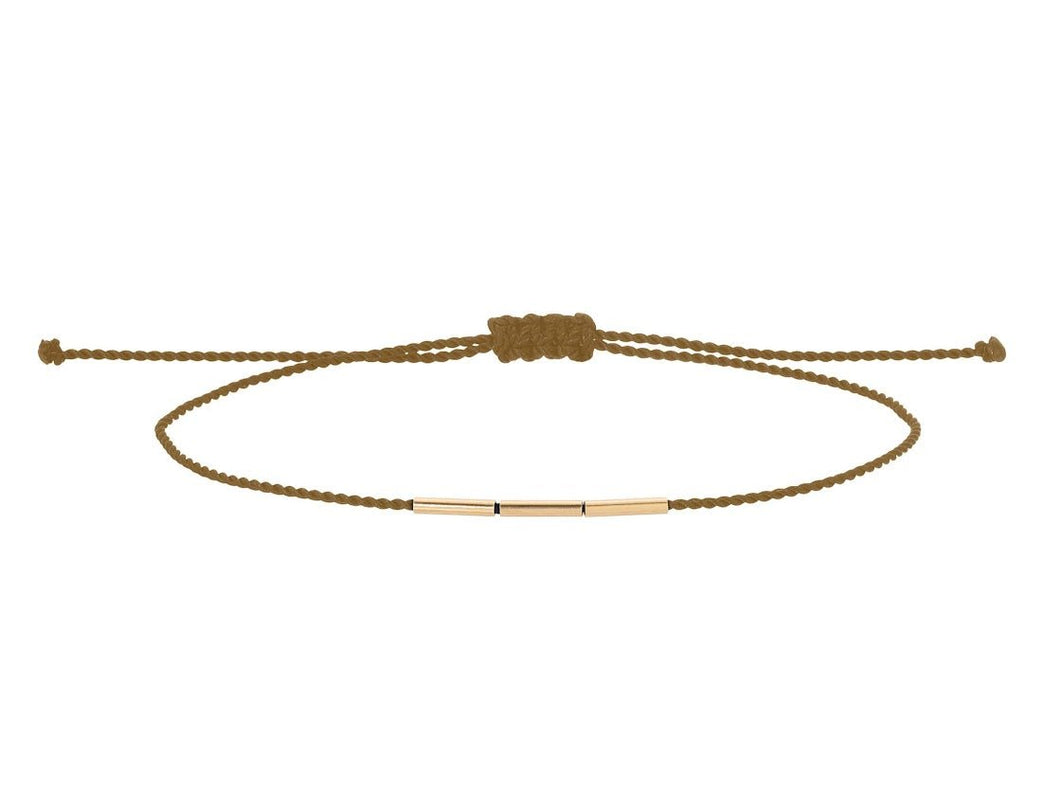 14k and Camel Cord Bracelet with Three Tube Beads