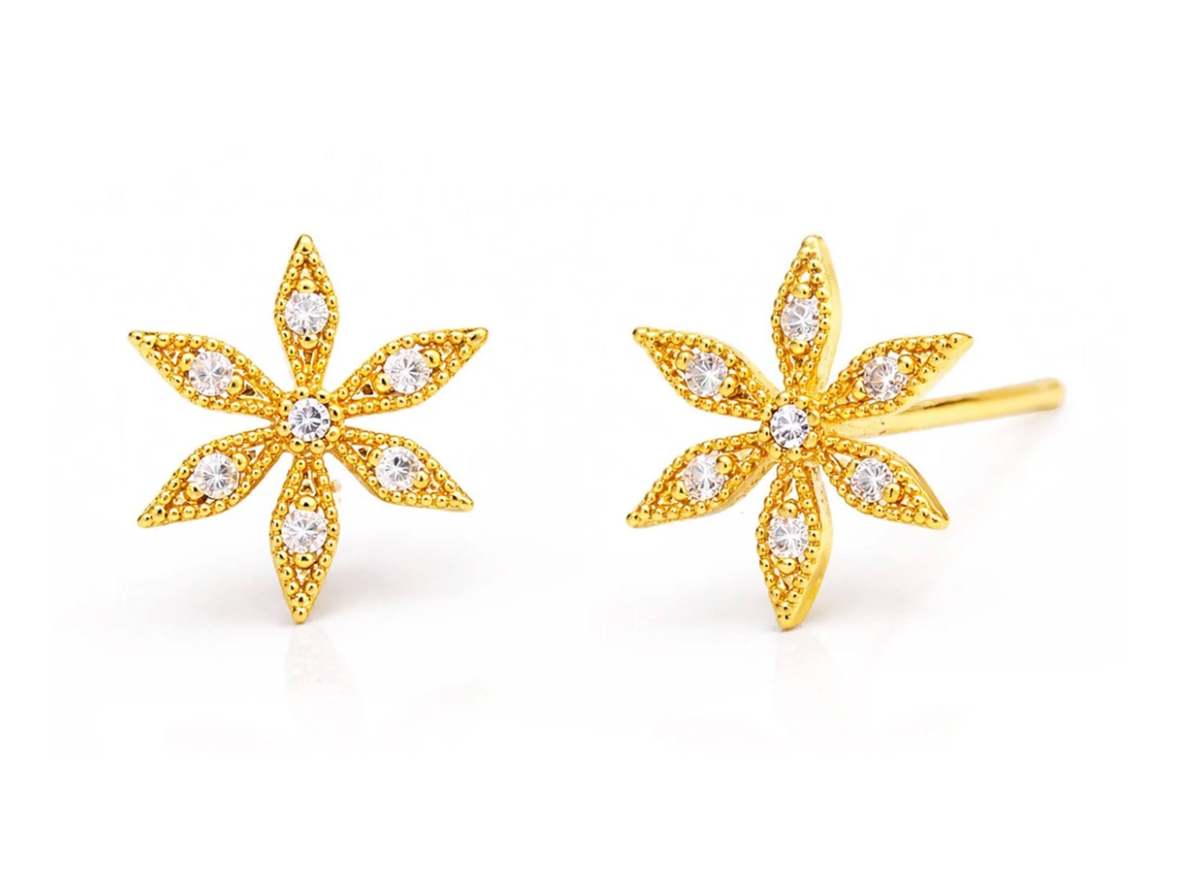 Gold Flower Stud Earrings with CZs