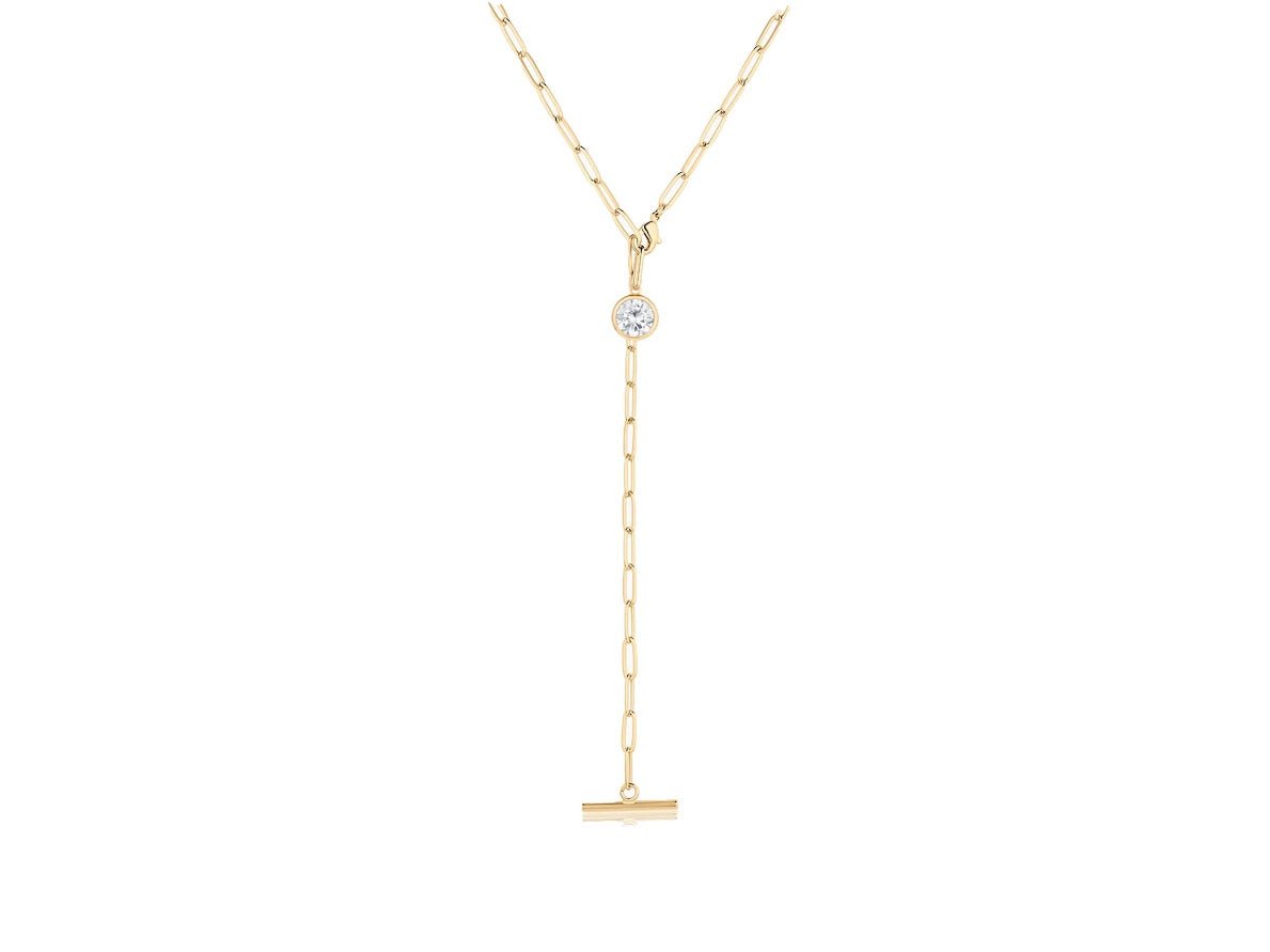 Gold Lariat Necklace with CZ Charm