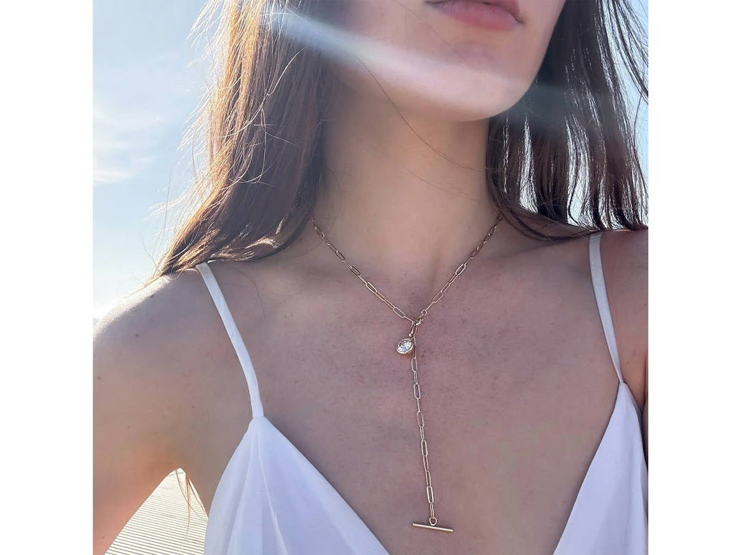 Gold Lariat Necklace with CZ Charm
